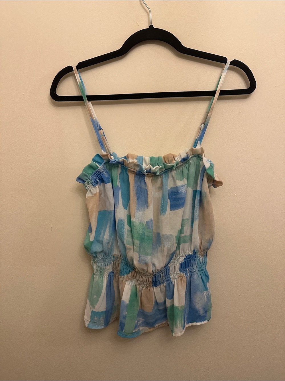 Blu Pepper Watercolor Print Ruffle Sheer Peplum Cami Blue Green Sz M Summer